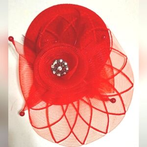 RH25914 Red Hat Mini Mesh Fascinator with Rhinestone Accent